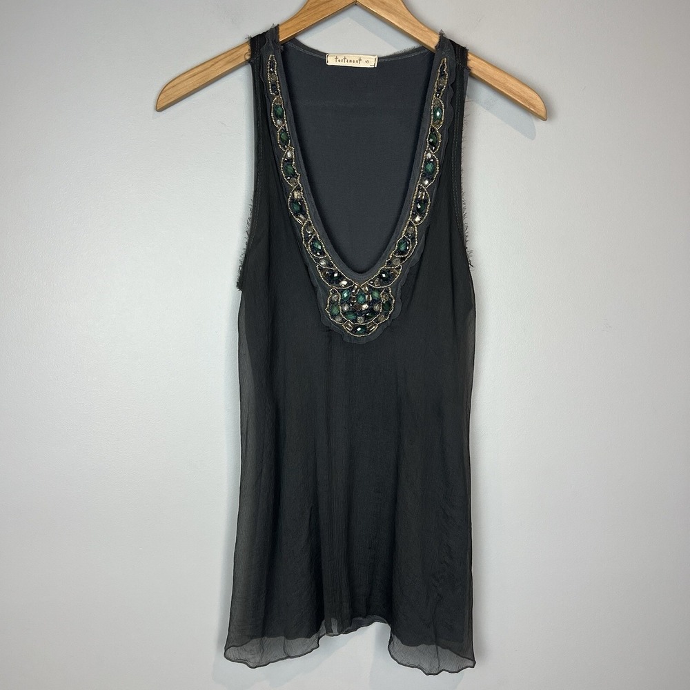 Testament Gray V Neck Tank Top Size Small Jeweled Layered Vtg Y2K USA